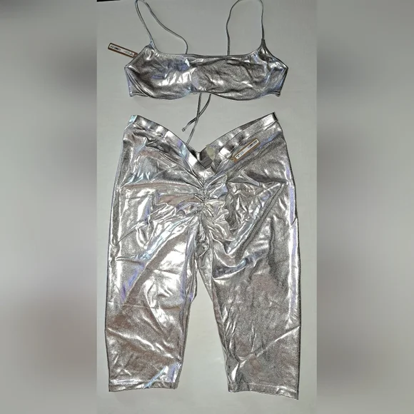 ❤️NWT SKIMS 2 Piece Metallic Silver Swim Capri Pants bikini top Set NICKEL 3X